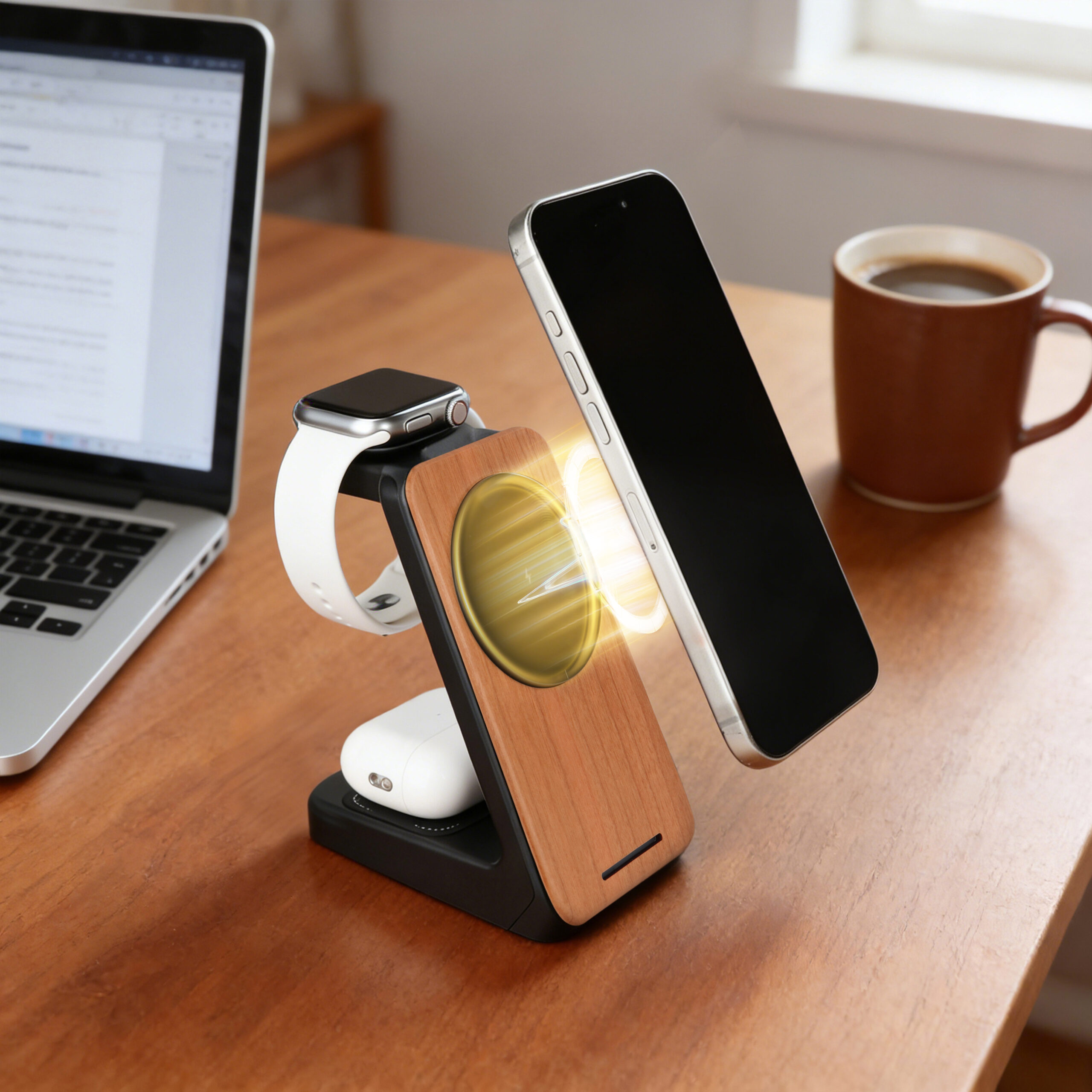 Cherry Wood Phone Stand - 3 in 1 Wireless Charging Station for Watch & Earbuds - Image 2