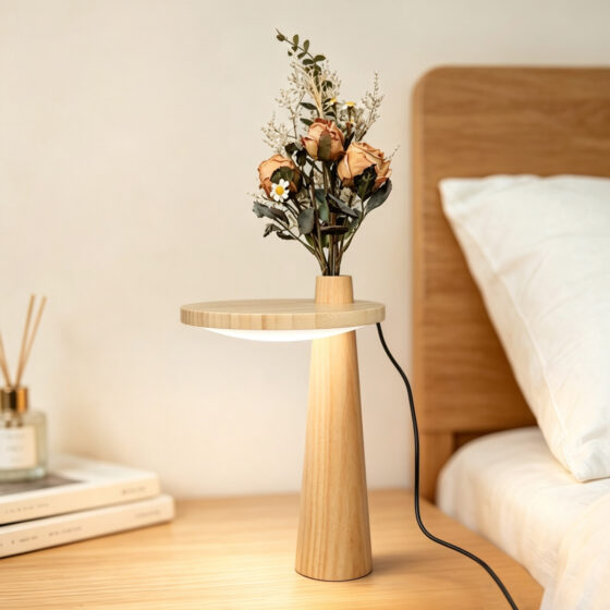 Wooden Table Lamp with Flower Vase