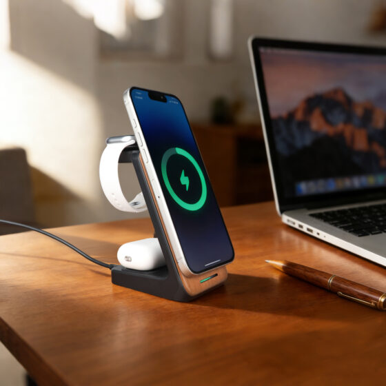 Cherry Wood Phone Stand - 3 in 1 Wireless Charging Station for Watch & Earbuds