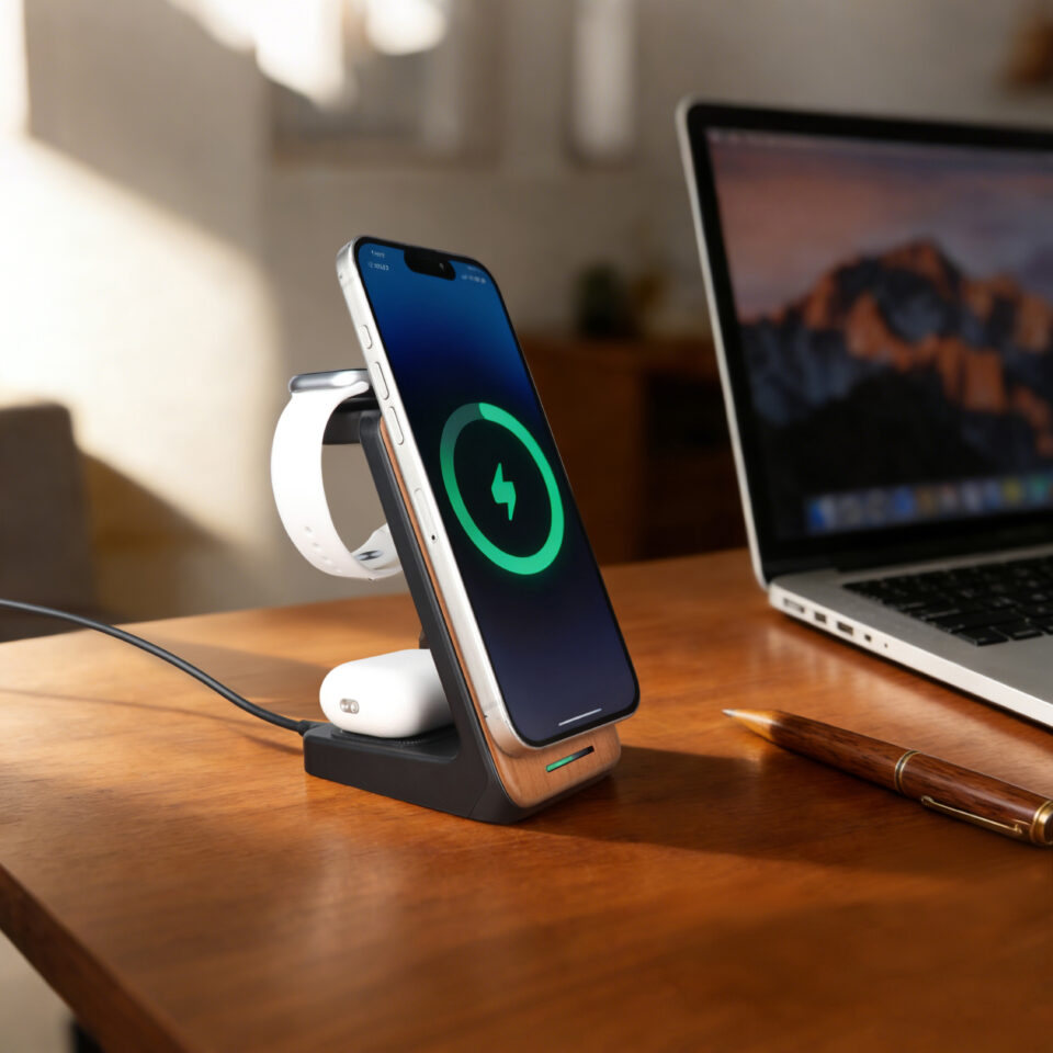 Cherry Wood Phone Stand - 3 in 1 Wireless Charging Station for Watch & Earbuds