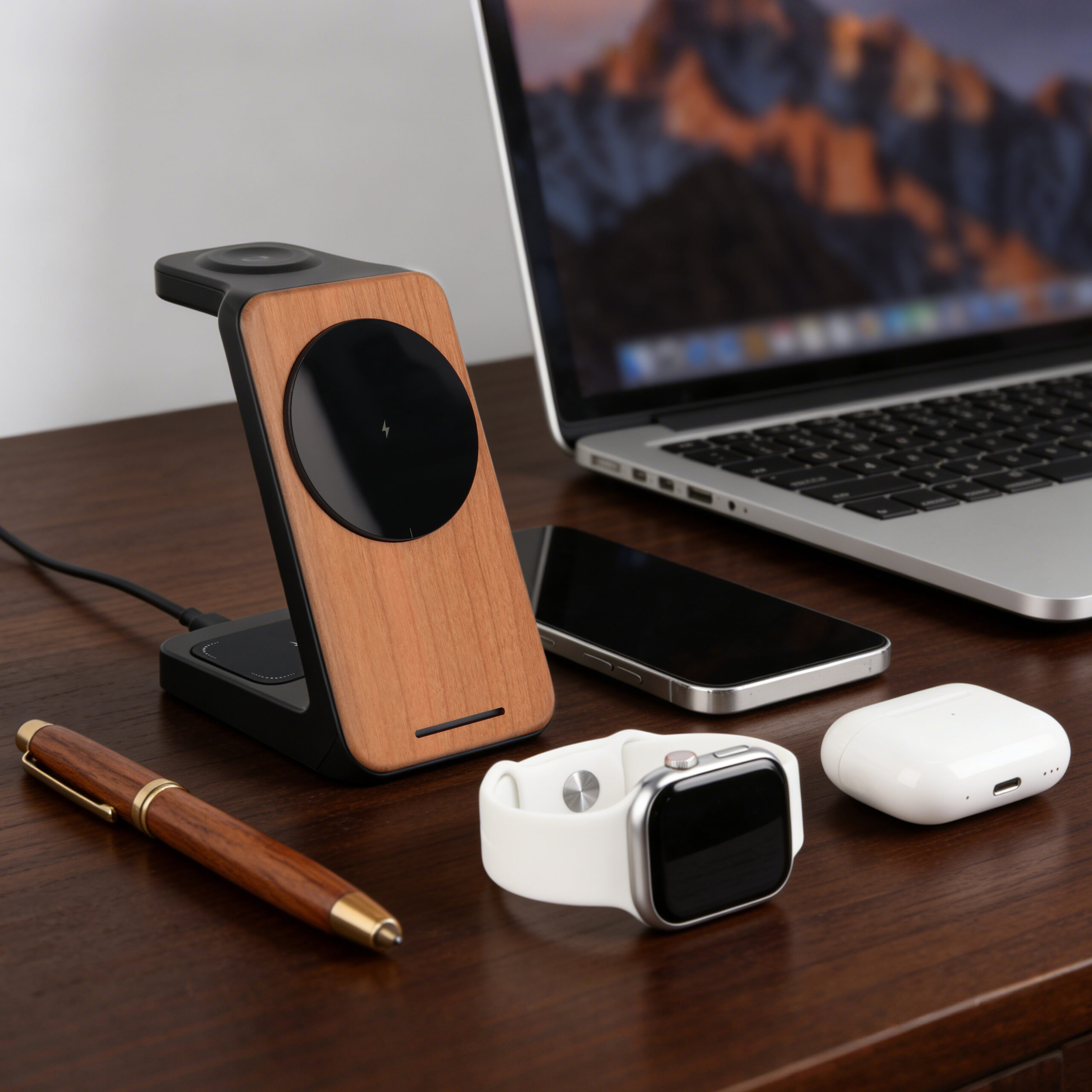 Cherry Wood Phone Stand - 3 in 1 Wireless Charging Station for Watch & Earbuds - Image 5