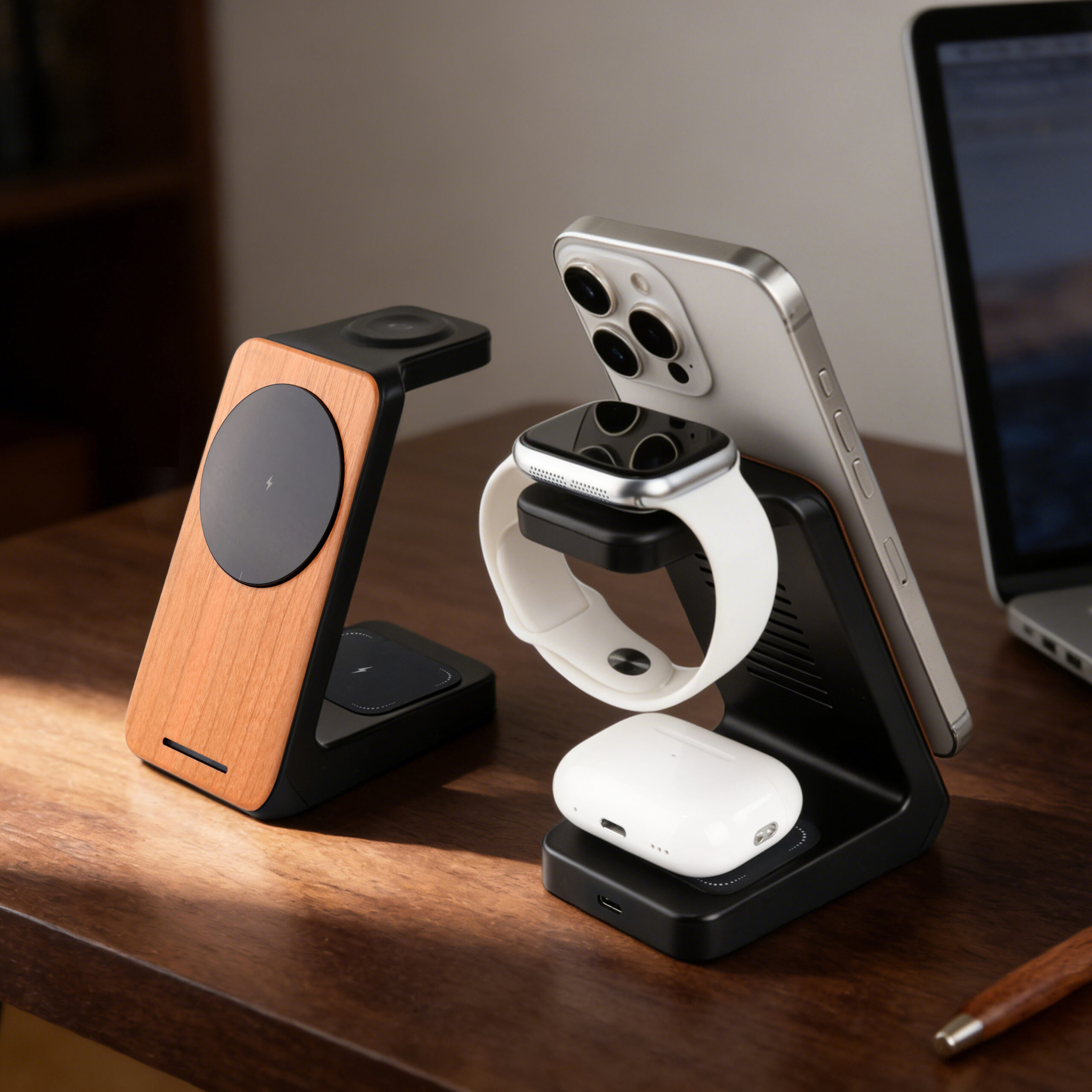 Cherry Wood Phone Stand - 3 in 1 Wireless Charging Station for Watch & Earbuds - Image 4