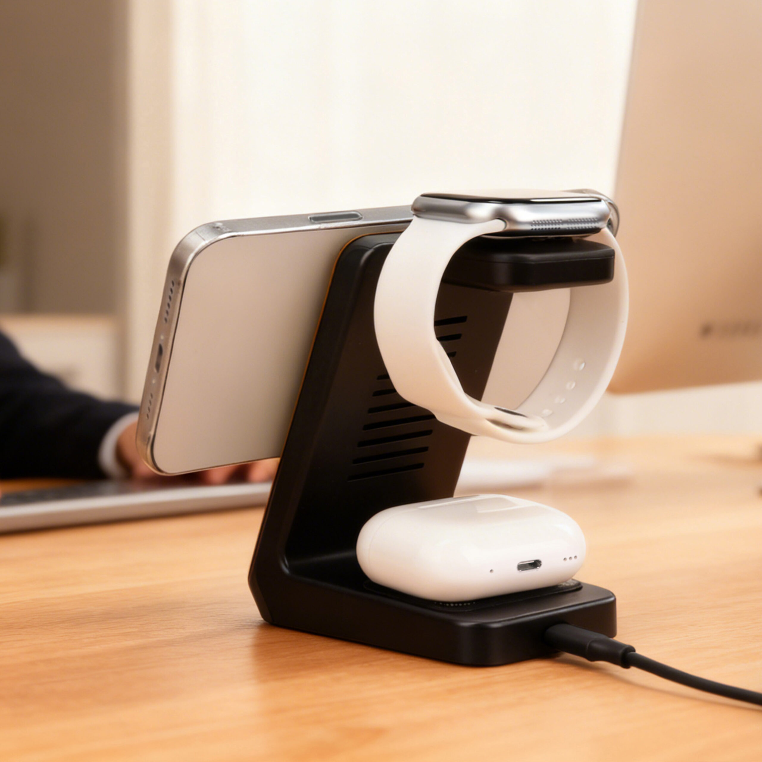 Cherry Wood Phone Stand - 3 in 1 Wireless Charging Station for Watch & Earbuds - Image 7