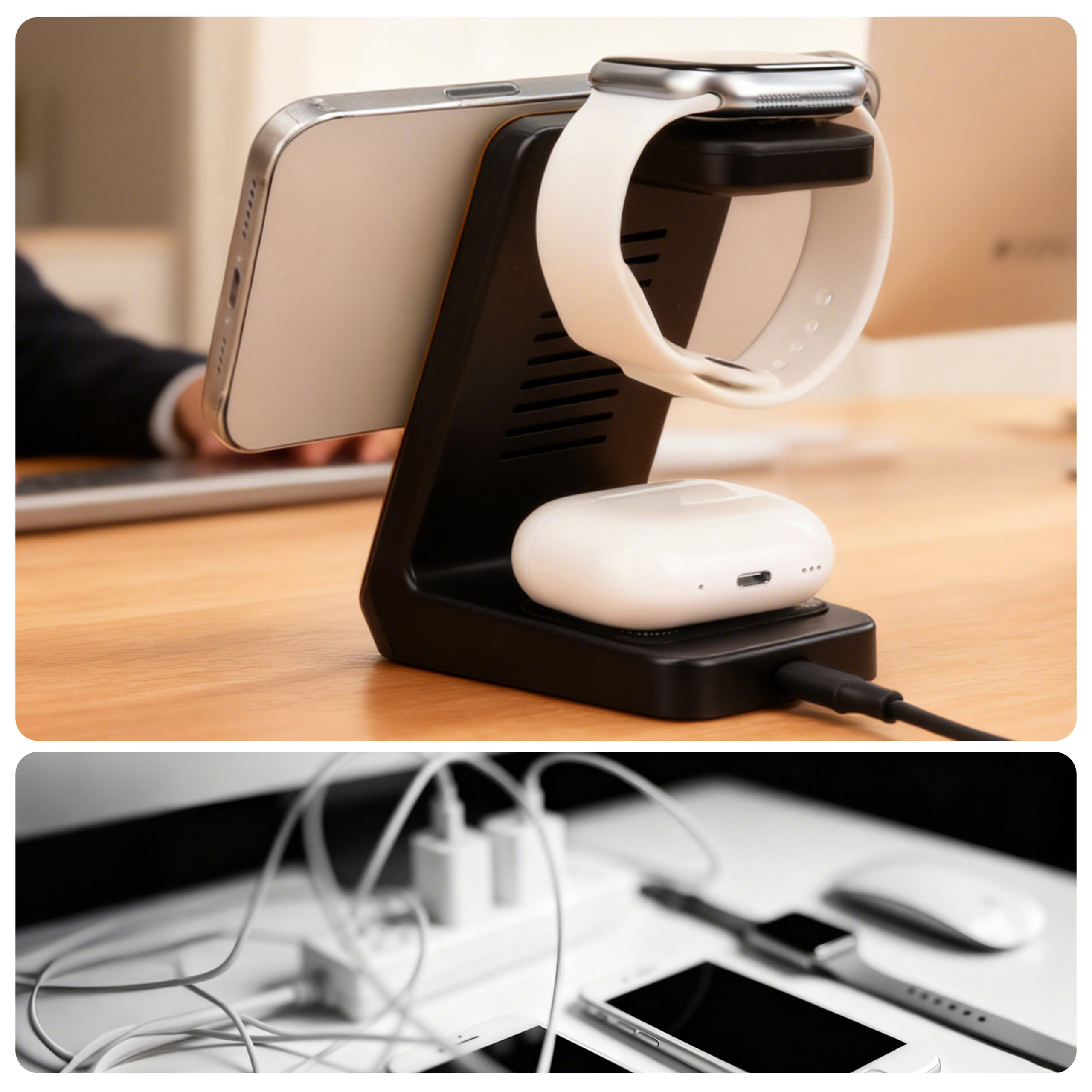Cherry Wood Phone Stand - 3 in 1 Wireless Charging Station for Watch & Earbuds - Image 6