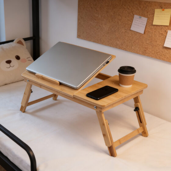 Bamboo Foldable Bed Laptop Desk, Adjustable Height Angle Tablet Stand with Drawer & Cup Holder