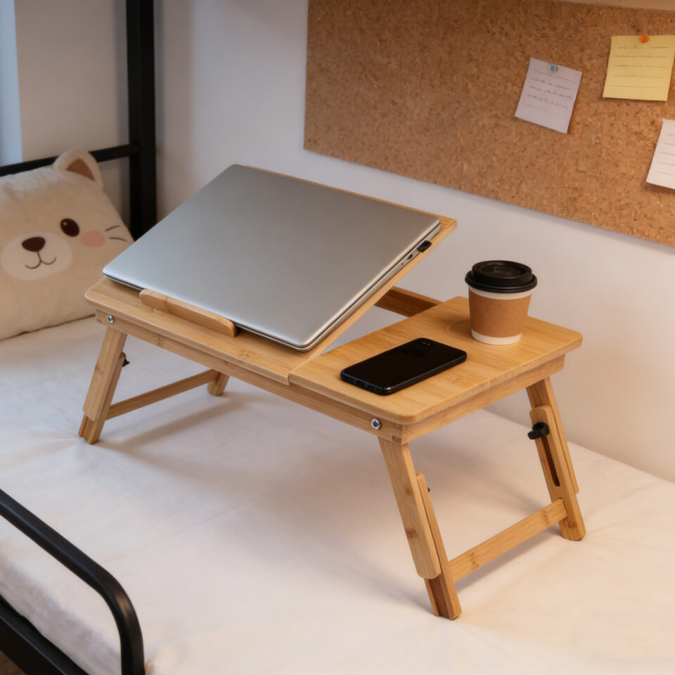Bamboo Foldable Bed Laptop Desk, Adjustable Height Angle Tablet Stand with Drawer & Cup Holder