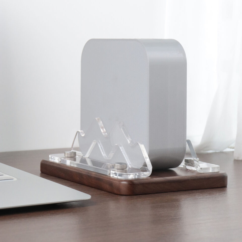 Walnut & Acrylic Tablet Stand for Mac mini M4, Mac mini M2 & Mac Studio – Wave-Shaped Computer Riser with Wooden Base