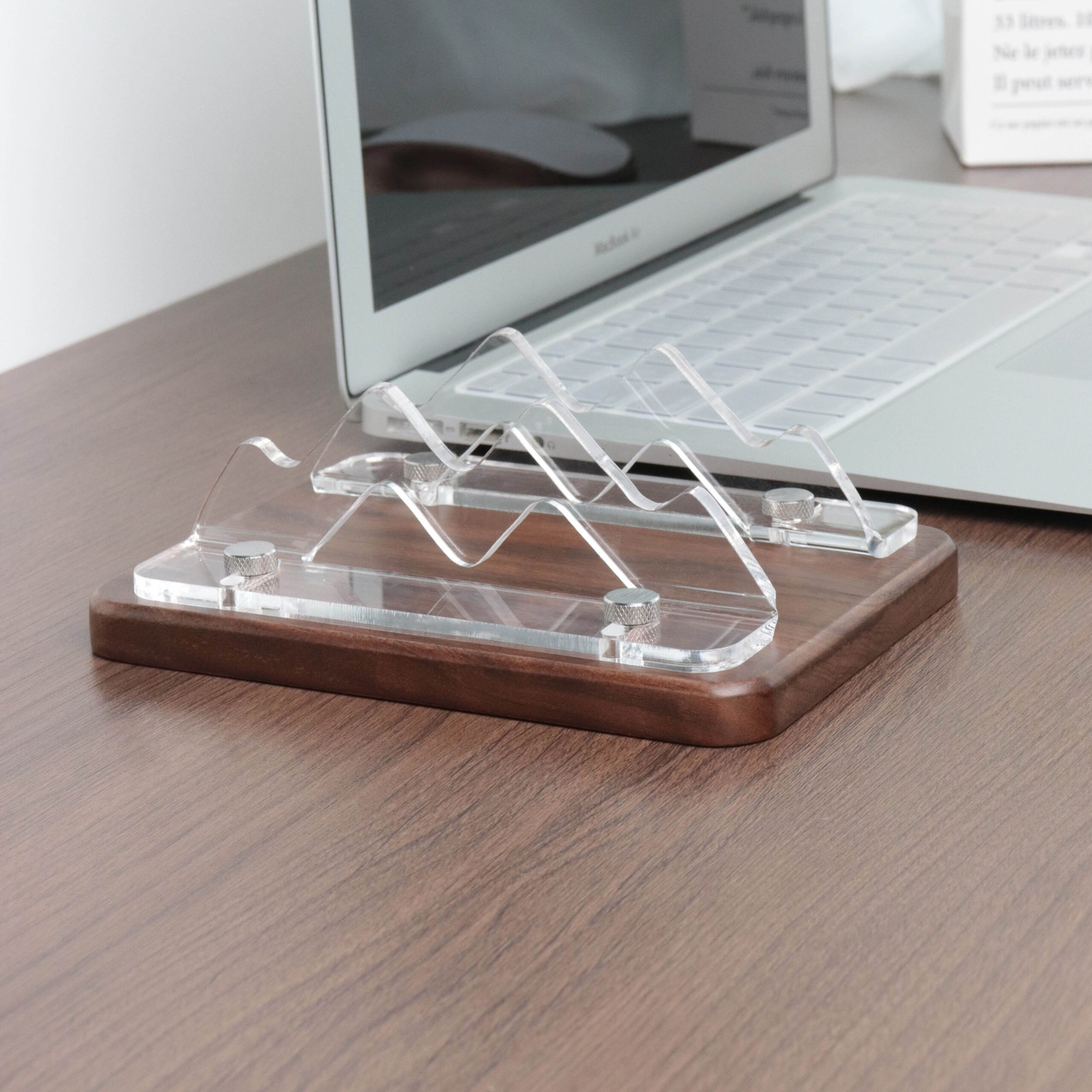 Walnut & Acrylic Tablet Stand for Mac mini M4, Mac mini M2 & Mac Studio – Wave-Shaped Computer Riser with Wooden Base - Image 4