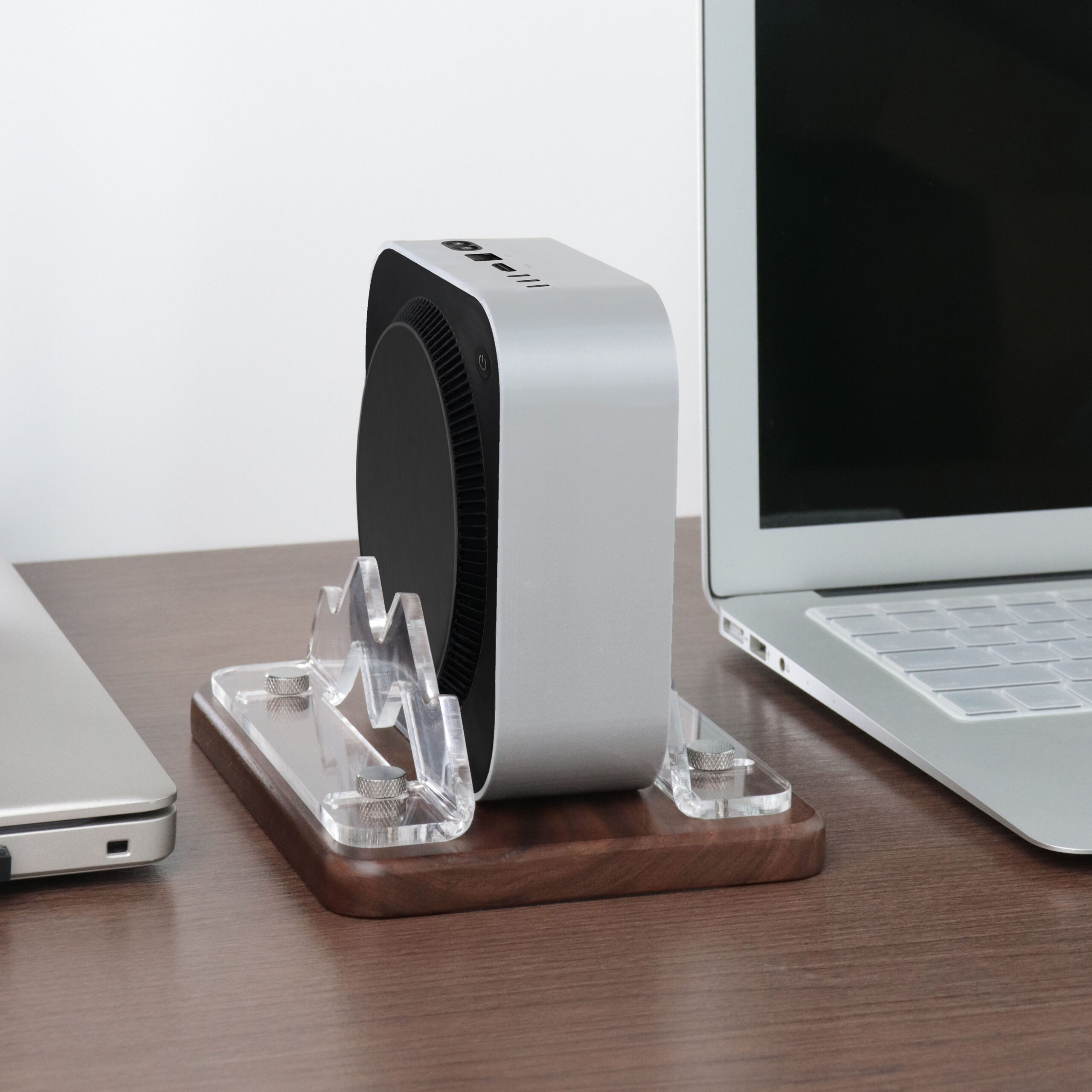 Walnut & Acrylic Tablet Stand for Mac mini M4, Mac mini M2 & Mac Studio – Wave-Shaped Computer Riser with Wooden Base - Image 6