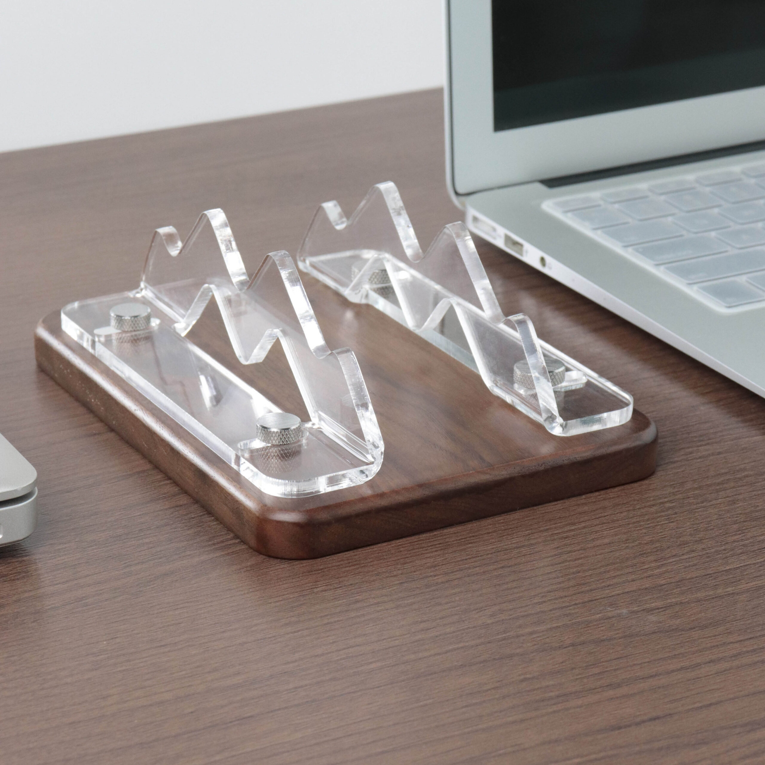 Walnut & Acrylic Tablet Stand for Mac mini M4, Mac mini M2 & Mac Studio – Wave-Shaped Computer Riser with Wooden Base - Image 7